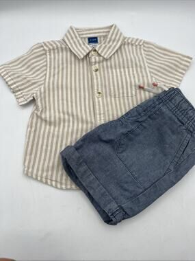 2 pc. OLD NAVY boys Plaid Shirt + Cat Jack Beans DENIM SHORTS Outfit, Pre-owned